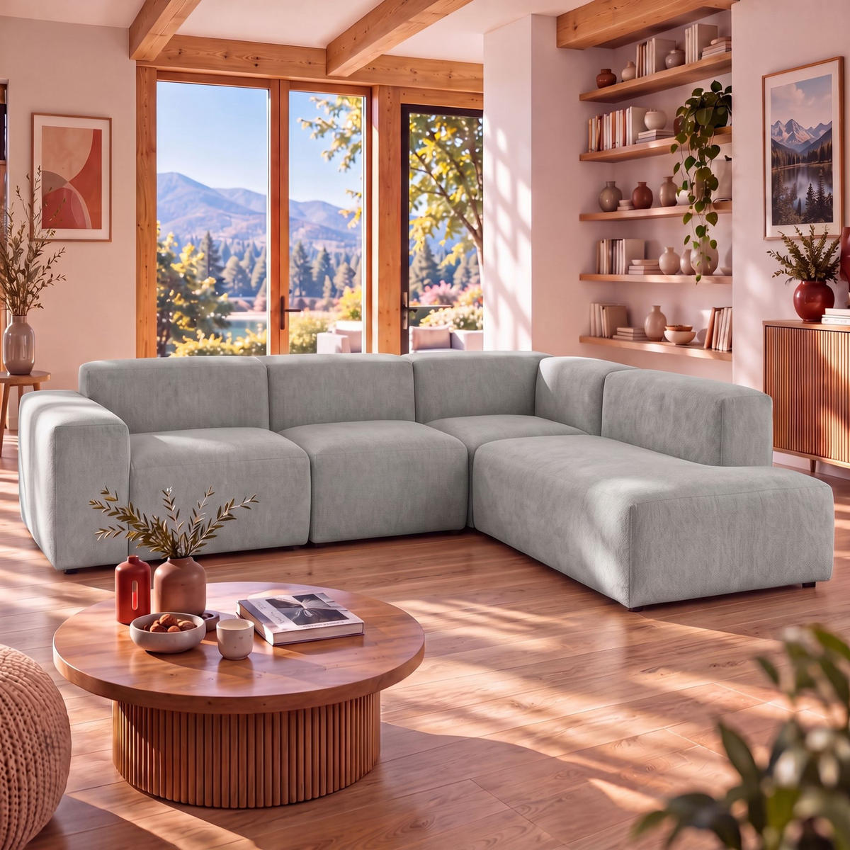 4-SITZER modulares Ecksofa HEAVEN SET 2 Rechts, Breite 300 cm Webstoff Grau - Schwarz/Grau, Holz/Kunststoff (245/300cm) - Muffo