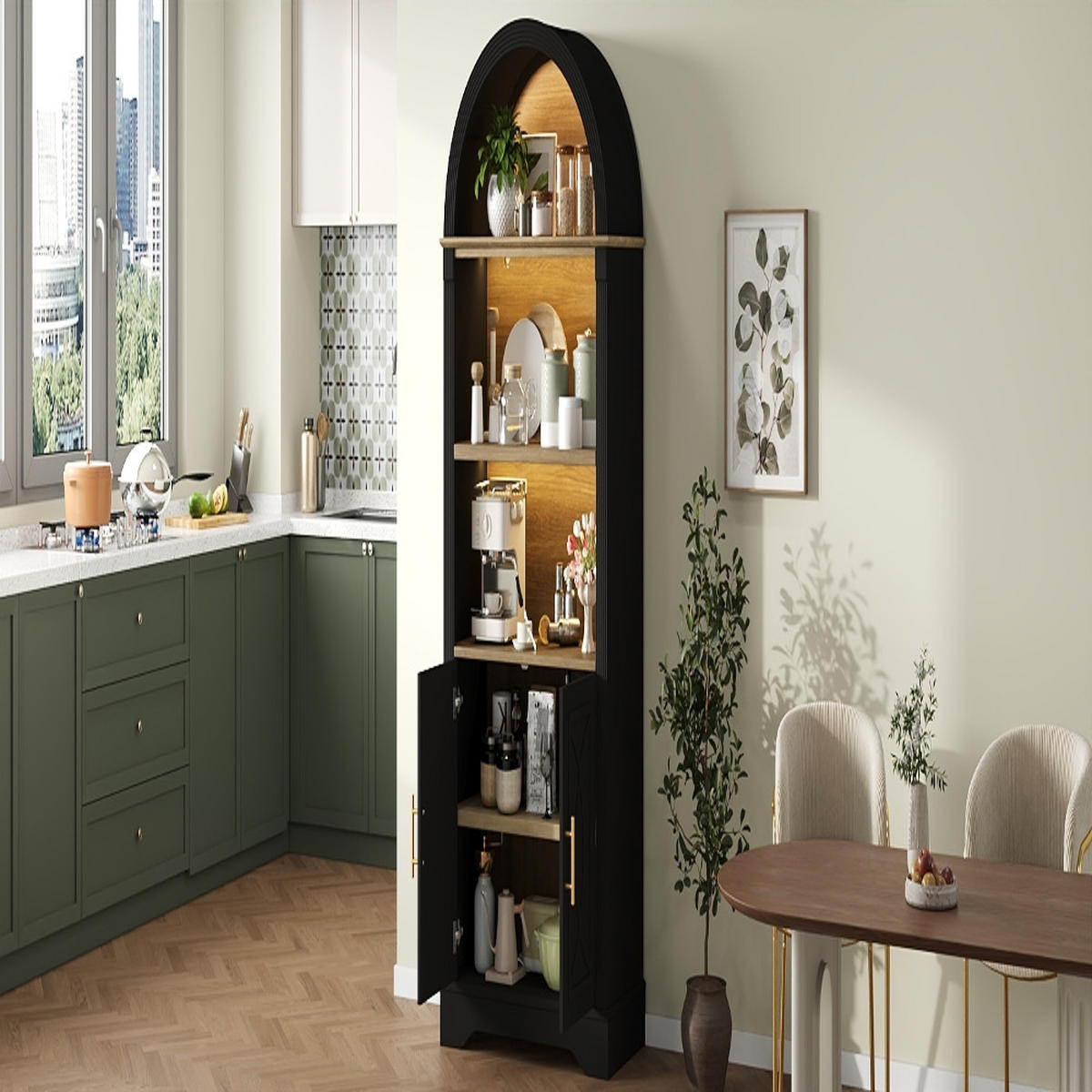 KÜCHENSCHRANK HIGHBOARD SCHWARZ, mit LED-Beleuchtung, Esszimmerschrank mit verstellbaren Regalböden, MDF Schwarz, 76,2/180/40,1 cm - Schwarz, Kunststoff (40/180/76.2cm) - Rolipo