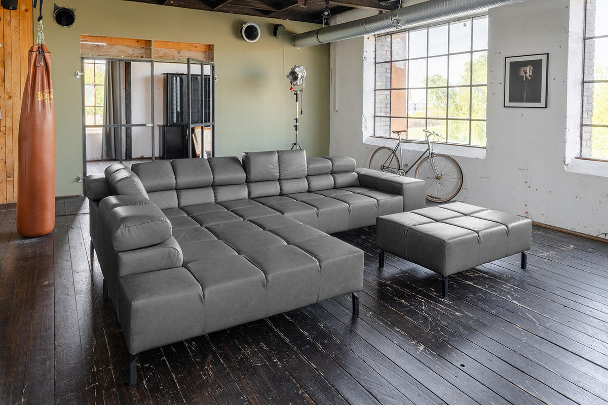ECKSOFA NELSON Anthrazit Leder - Anthrazit/Schwarz, Leder/Metall (321/216cm) - KAWOLA