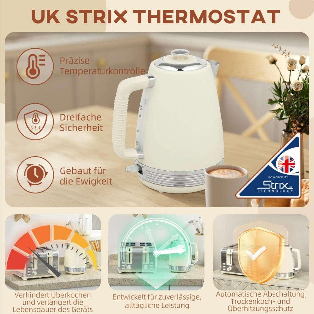 WASSERKOCHER-TOASTER SET Creme Edelstahl 1,7 L 2200W - Creme, Kunststoff (16.5/25.2/21.1cm) - Rolipo