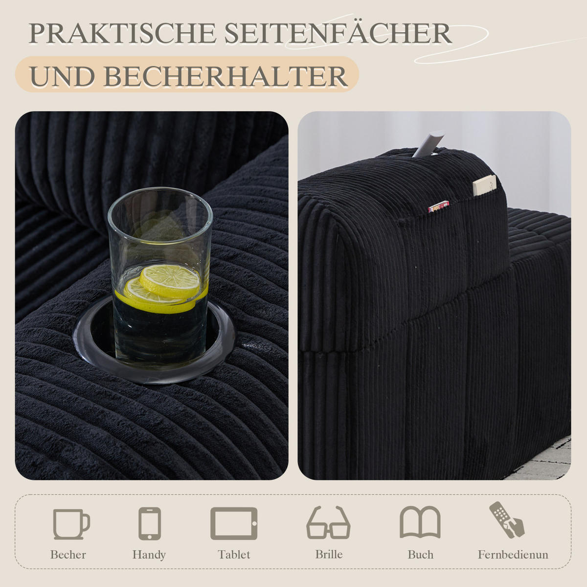 SOFA Schwarz, Relaxsessel Cord mit Getränkehalter und Stauraum - Schwarz, Textil (158/61/93cm) - PARAFTA HOME