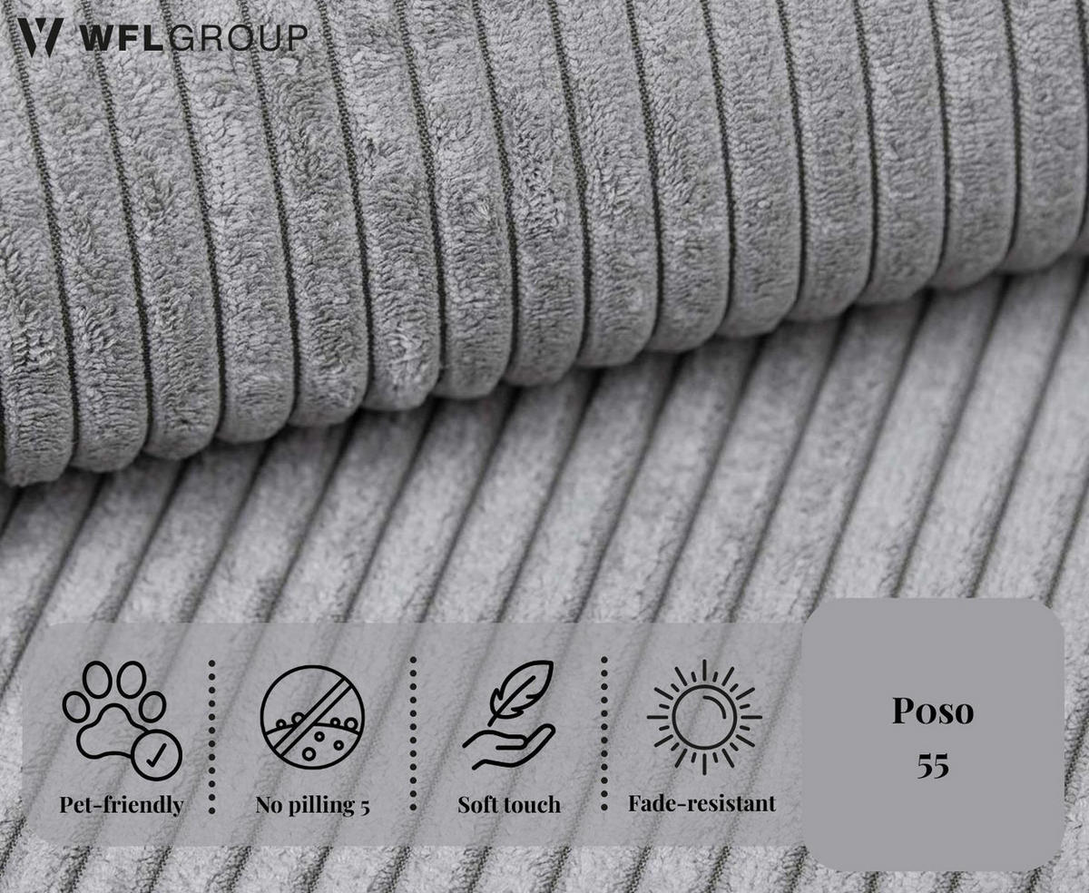 ECKSOFA Liv mit Schlaffunktion & Bettkasten in Cordstoff Hellgrau, Universell 260/154/86 cm - Hellgrau/Schwarz, Kunststoff/Textil (260/154cm) - WFL GROUP