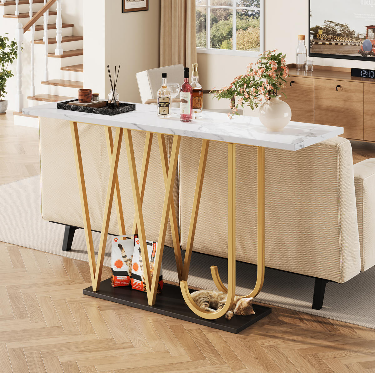 KONSOLENTISCH 120/29,5/80 cm Weiß Marmoroptik mit Stauraum aus MDF Metall - Weiß, Holzwerkstoff (120/29.5/80cm) - OKWISH