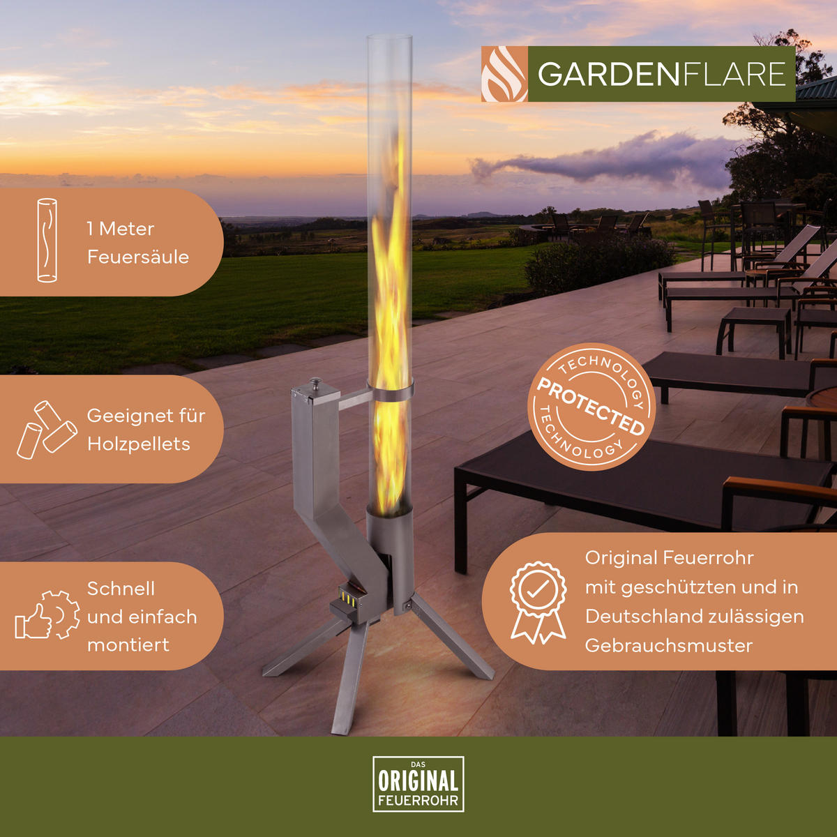 GARDENFLARE Feuerrohr – elegante Edelstahl Feuersäule und Pelletfackel - silber - Silberfarben, Metall (36/131/35cm) - Gardenflare