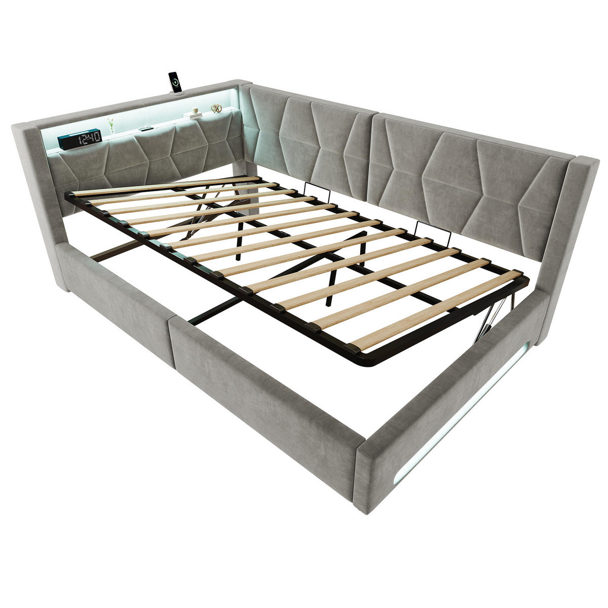 BOXBETT 140/200cm, LED/USB-C, Bettkasten, Lattenrost, Dunkelgrau - Dunkelgrau, Holz/Metall (140/200cm) - LVHOM