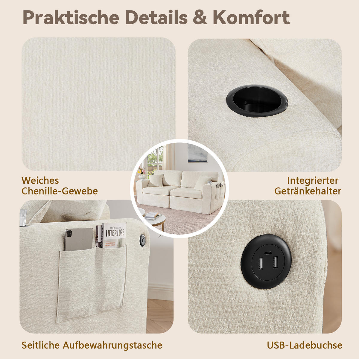 2-SITZER SOFA Chenille Beige mit USB, Kissen, Getränkehalter und Tasche - Beige, Textil (220/89/100cm) - WISHDOR