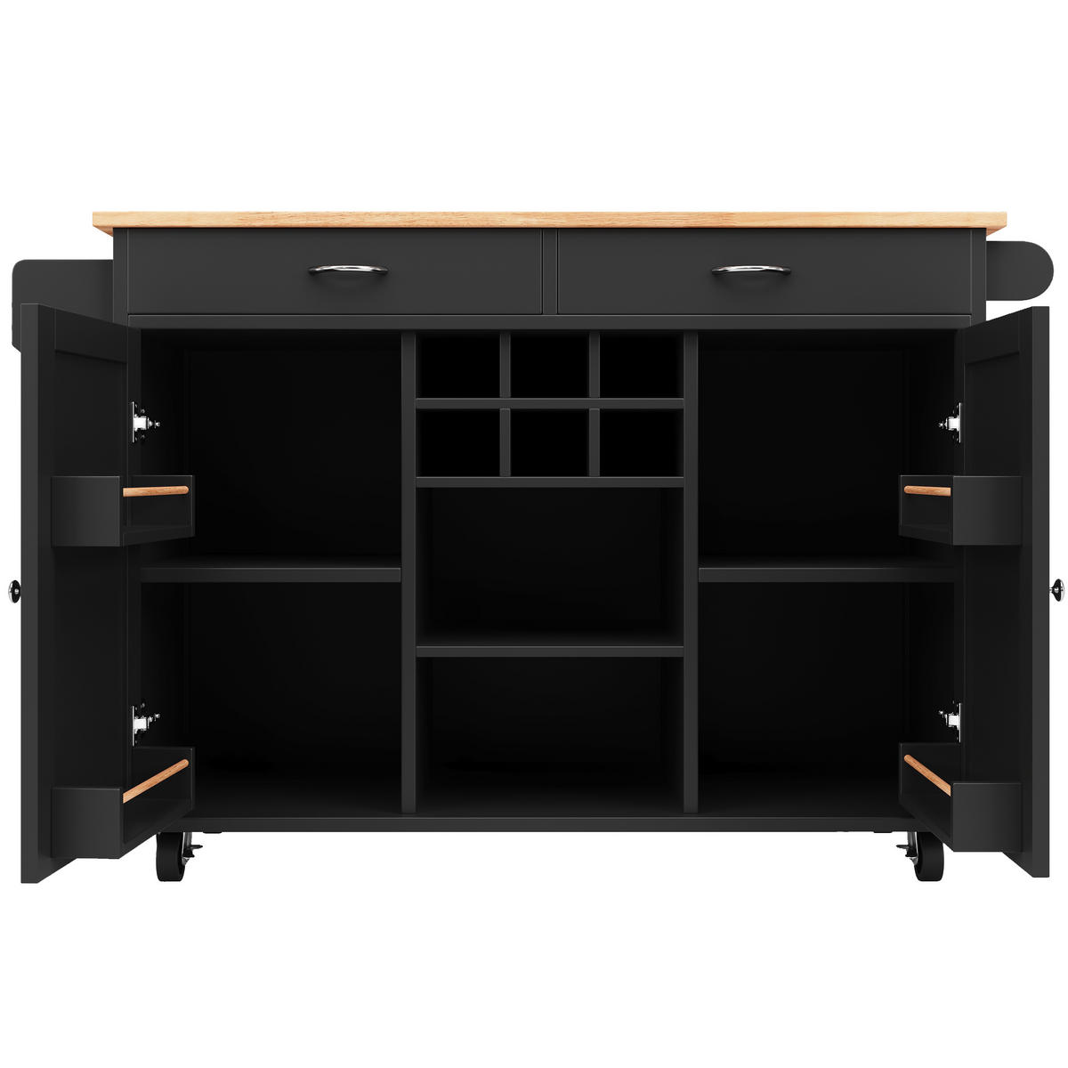 KÜCHENINSEL 102/45/92 cm schwarz und Metall mit Rollen und Weinregal - Schwarz, Holzwerkstoff (102/92/45cm) - OKWISH