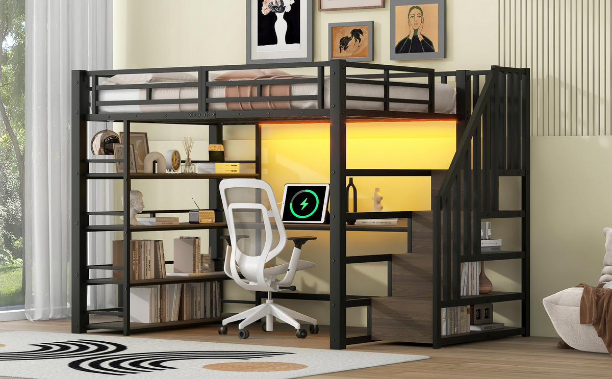 HOCHBETT 140x200 cm mit Schreibtisch, 4-stöckigem Regal und Stauraumtreppe, LED und Ladestation, schwarz - Schwarz, Holzwerkstoff (140/200cm)