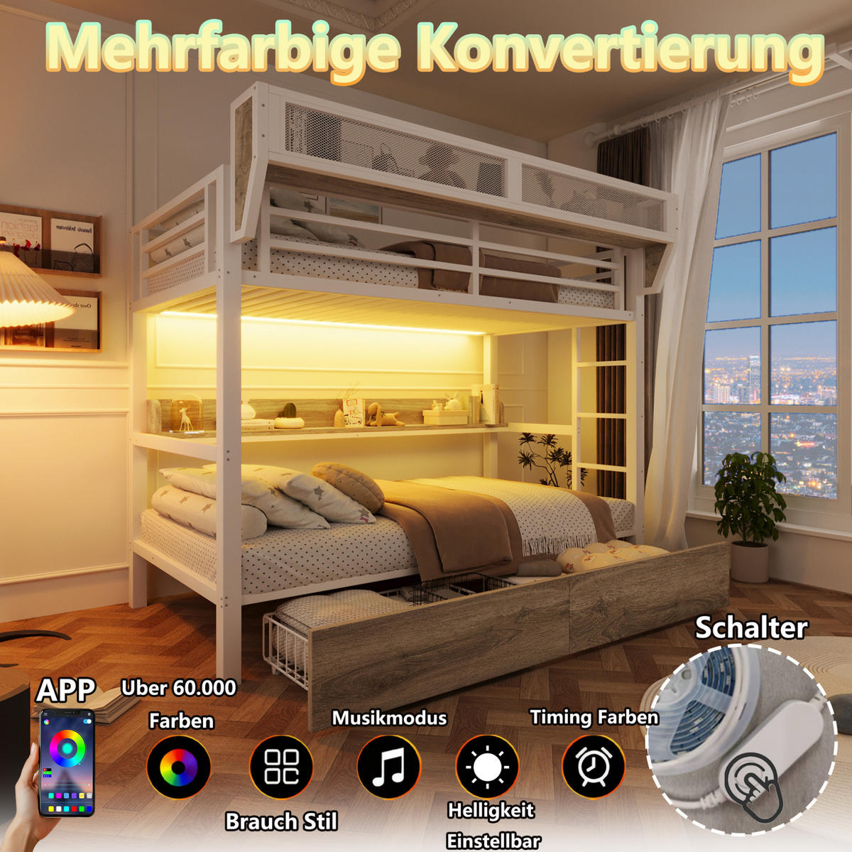 ETAGENBETT 90/200 cm aus Metall und MDF mit LED-Licht und Stauraum Weiß - Weiß, Holzwerkstoff (90/200cm) - Modenvie