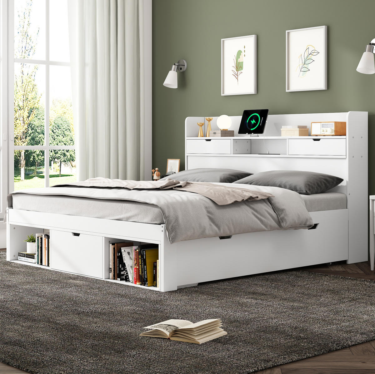 POSTEL 140/190 cm bílá z borovice s USB, zásuvkami a úložným prostorem - bílá, dřevo (140/190cm) - OKWISH