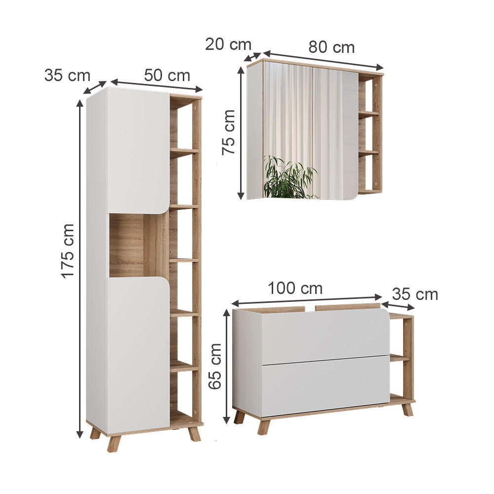 BADMÖBEL-SET Karen Sonoma/Weiß 3 Teile - Weiß/Sonoma Eiche, Holzwerkstoff (100/65/35cm) - Vicco