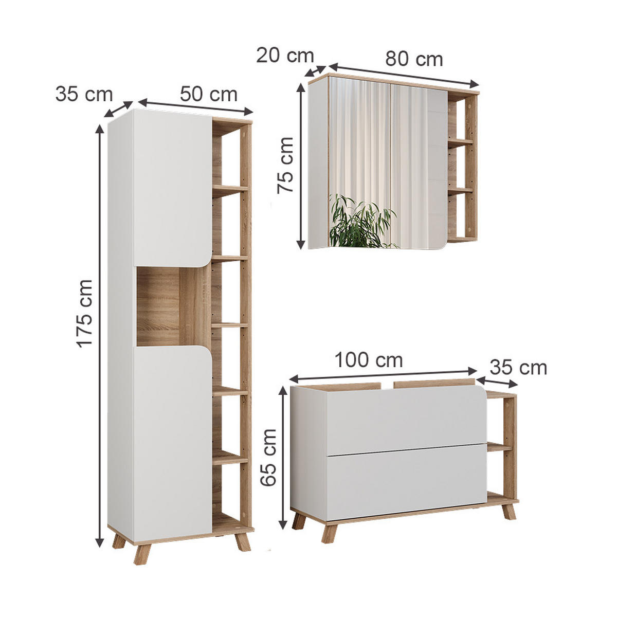 BADMÖBEL-SET Karen Sonoma/Weiß 3 Teile - Weiß/Sonoma Eiche, Holzwerkstoff (100/65/35cm) - Vicco