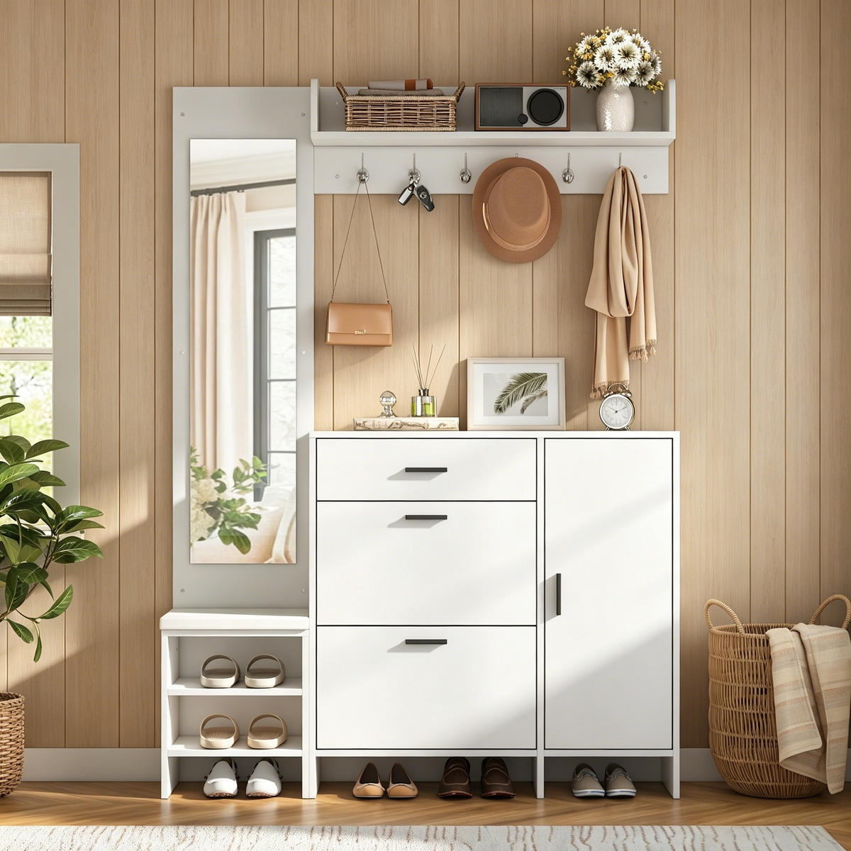 GARDEROBENSCHRANK mit Schuhschrank Spiegel und Schuhwechselbank mit Stauraum Weiß 140/30/200 cm - Weiß, Holzwerkstoff (140/200/30cm) - EVRYAE