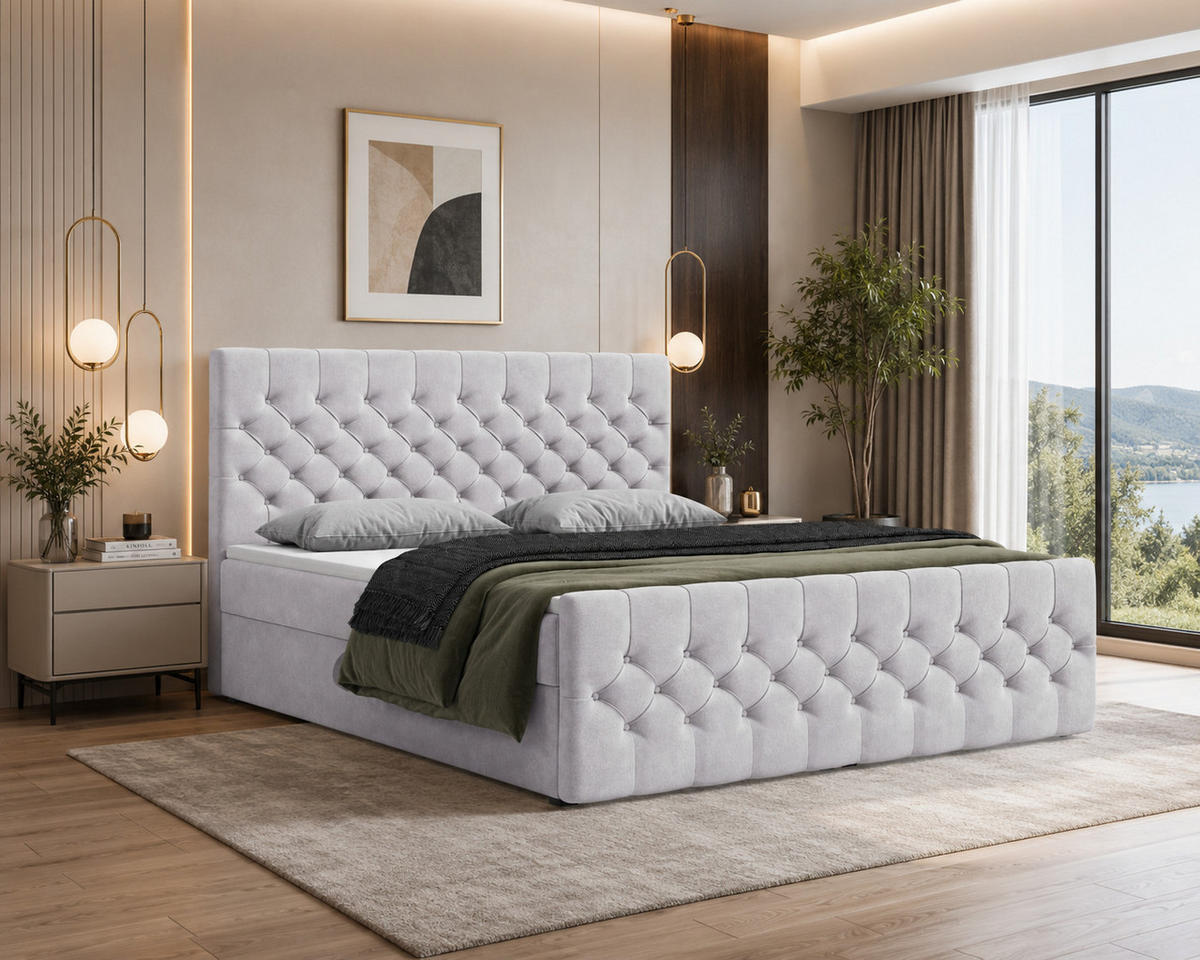 BOXBETT 12 140 x 200 cm - Manila - Modernes Polsterbett mit Bettkasten inkl. PU-Schaum-Topper und Federmechanismus - Silberfarben, Holz (140/200cm) - ROYAL24_MARKT