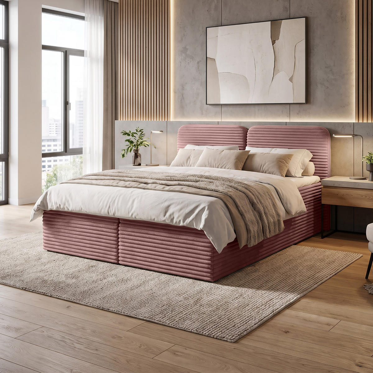 KONTINENTÁLNÍ POSTEL Lars 140x200 cm s topperem, bonellová matrace, manšestrová látka, růžová - růžová, textil (140/200cm) - Beautysofa