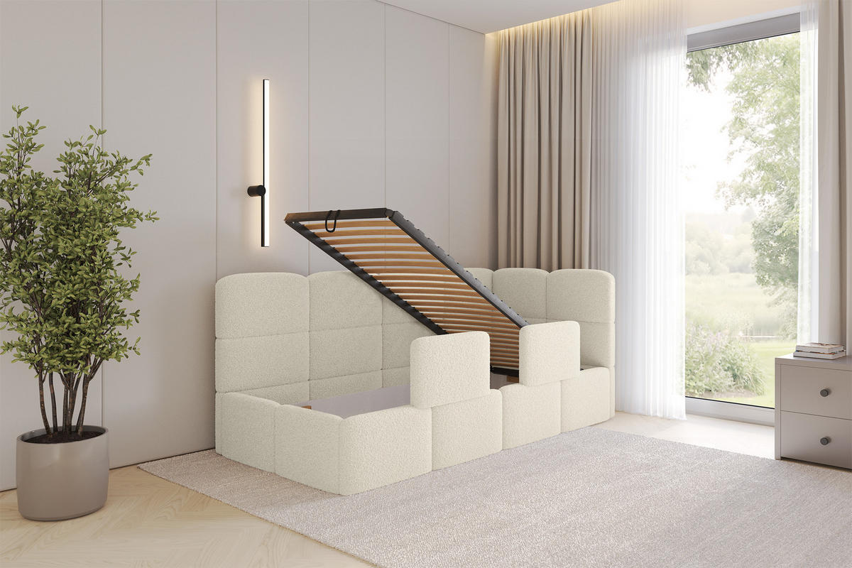 EINZELLBETT Jugendbett mit Bettkasten, Links - KIVY 90x200 Beige - Creme, Holzwerkstoff/Textil (90/200cm) - ALTDECOR