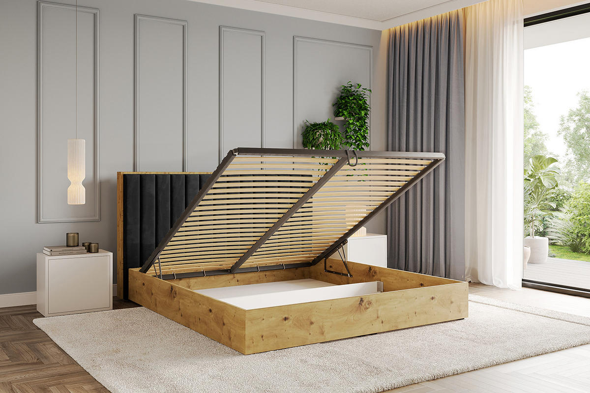 POLSTERBETT mit Bettkasten und Lattenrost, Bett mit Matratze H3/H4 - ENZO4 160x200 Schwarz - Schwarz, Holzwerkstoff/Textil (160/200cm) - ALTDECOR