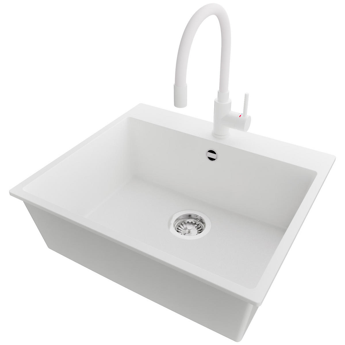 GRANITSPÜLE Riga, 2-er set Weiß 58/50 cm 1 Becken + Küchenarmatur 38/14 cm + Ablauf-Set ab 60er Unterschrank - Chromfarben/Weiß, Kunststoff (58/20/50cm) - Primagran