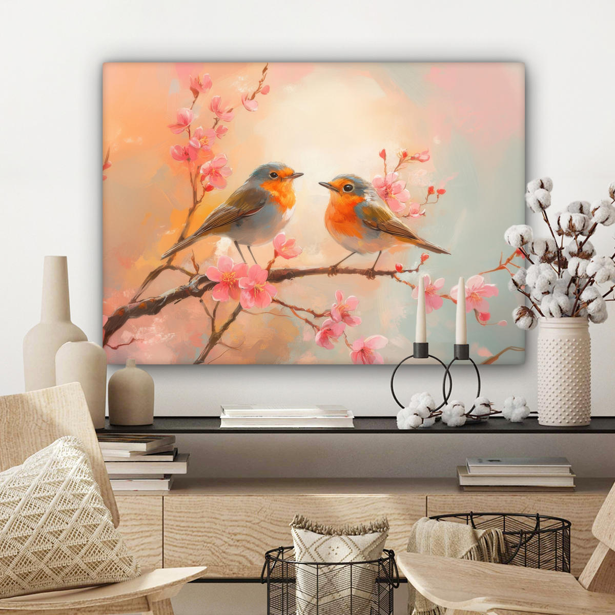 LEINWANDBILD Rotkehlchen - Zierpflanze - Blütenzweig Wandbilder 80x60 cm - Hellrosa, Textil (80/60cm) - MuchoWow