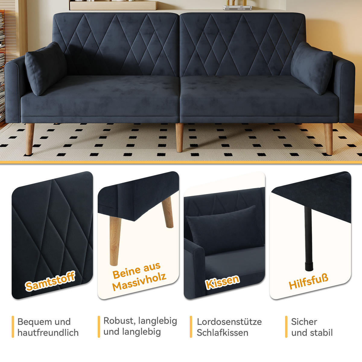 SCHLAFSOFA Samt mit geteilten Rückenlehnen und 5-fach Armlehnen Schwarz 180/75/82 cm - Schwarz, Textil (82/75/180cm) - Redom