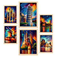 POSTER Set Mit 6 Orange Im Ölgemälde Stil A3 & A4 Rahmen Aus Hellem Holz - Beige, Papier (29/3cm) - Nacnic