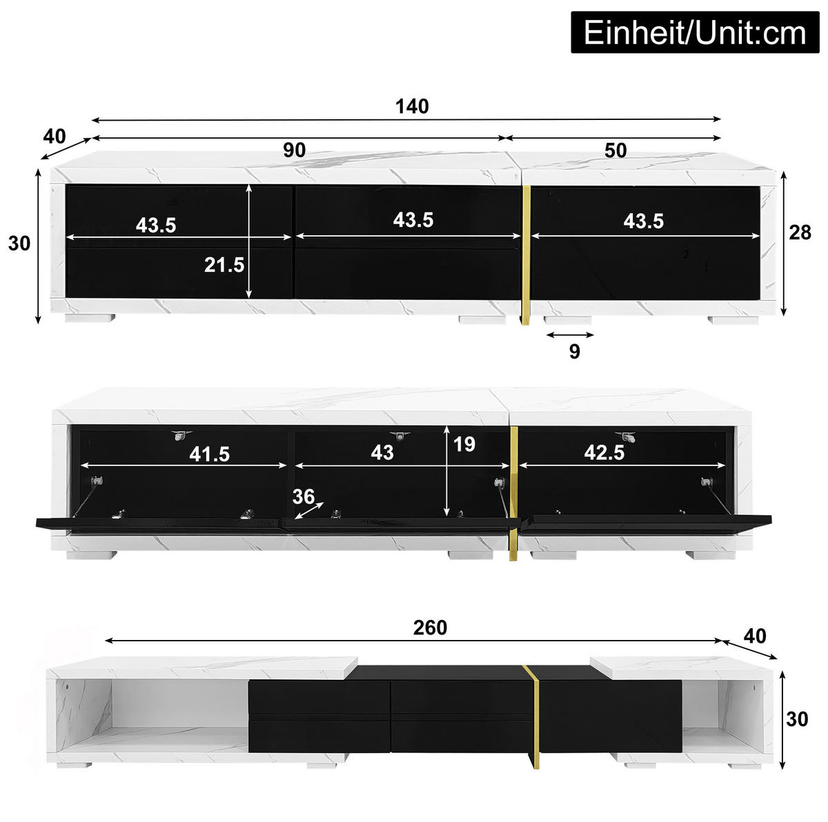 LOWBOARD 140/260 cm Schwarz/Weiß in Marmoroptik aus MDF und Spanplatte drehbar - Schwarz, Holzwerkstoff (40/30/260cm) - OKMYHOME