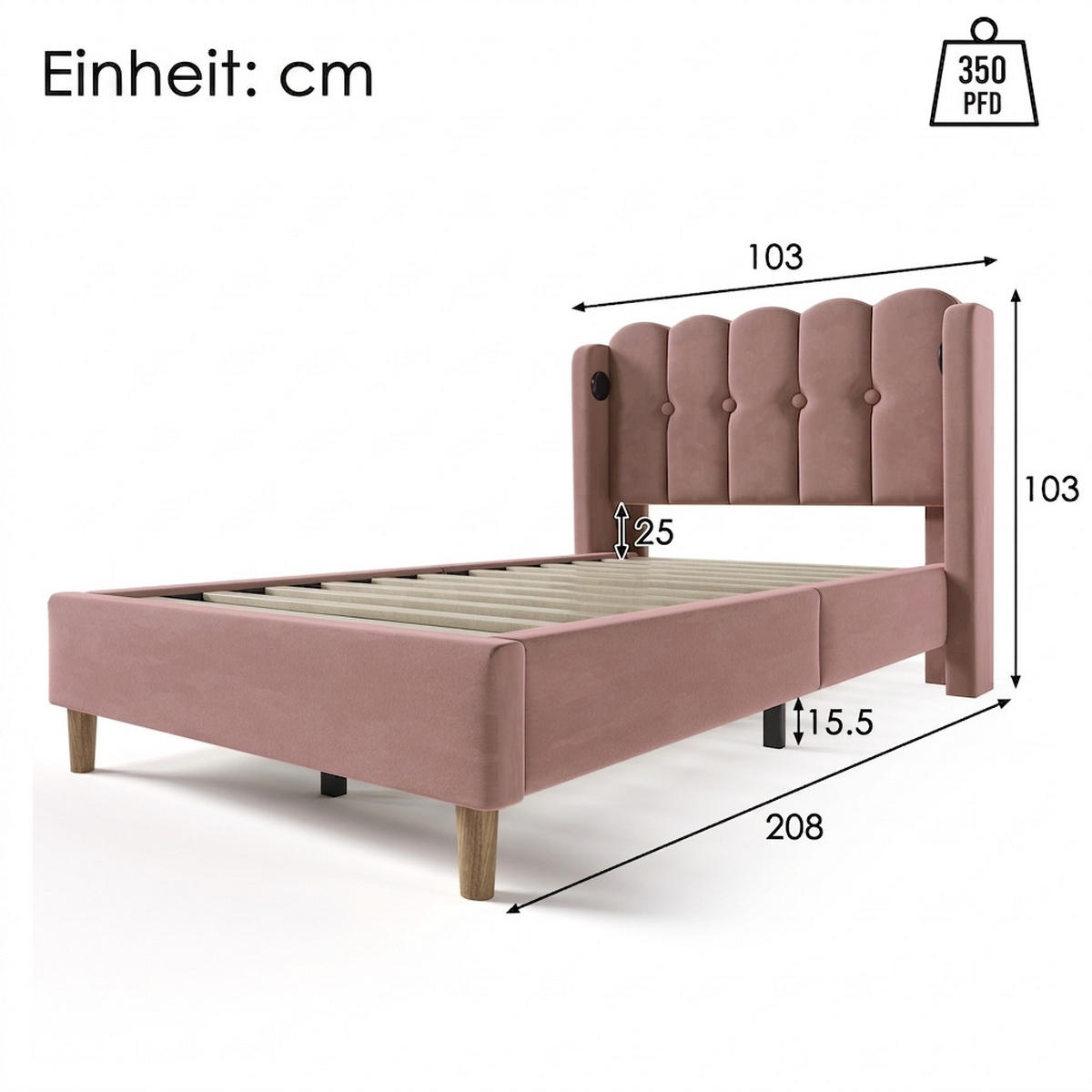 POLSTERBETT 90/200 cm Rose mit USB Typ C Ladefunktion - Rosa, Textil (90/200cm) - Oxeza