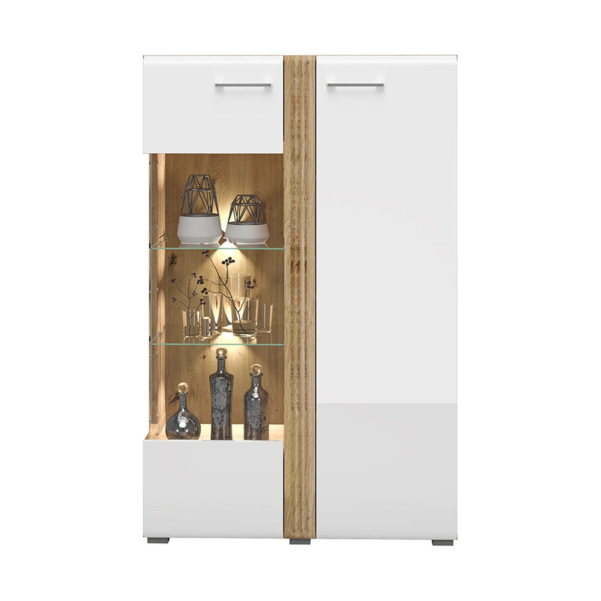 VITRINE – 92 cm – Adagio – Weiß / Eichefarben – Anschlag links – VT-GEN147 - Eichefarben/Weiß, Holzwerkstoff (92/143/42cm) - hi-markt