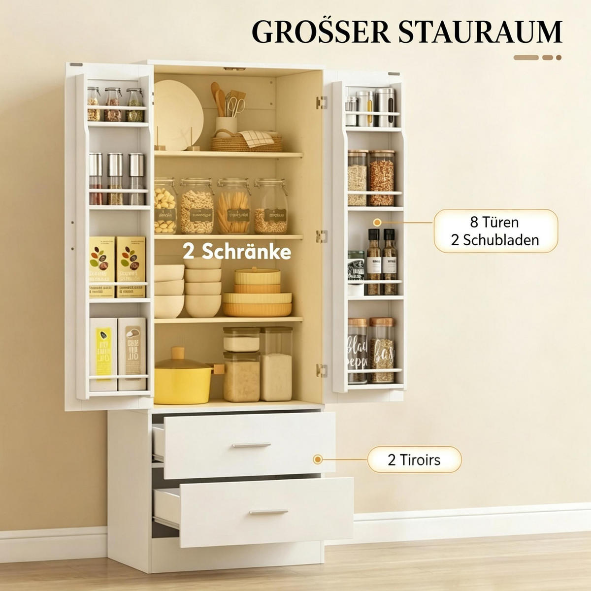 HIGHBOARD DE-38832 60/40/159 cm 2 Türen und 8 Gewürzfächer Weiß - Weiß, Holzwerkstoff (60/159/40cm) - ComfortXL