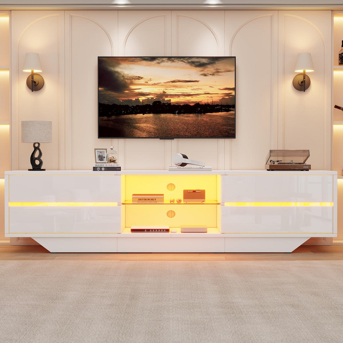 TV-LOWBOARD 160x35x44.5cm Weiß mit LED und 2 Türen - Weiß, Holzwerkstoff (160/44.5/35cm) - FLIEKS