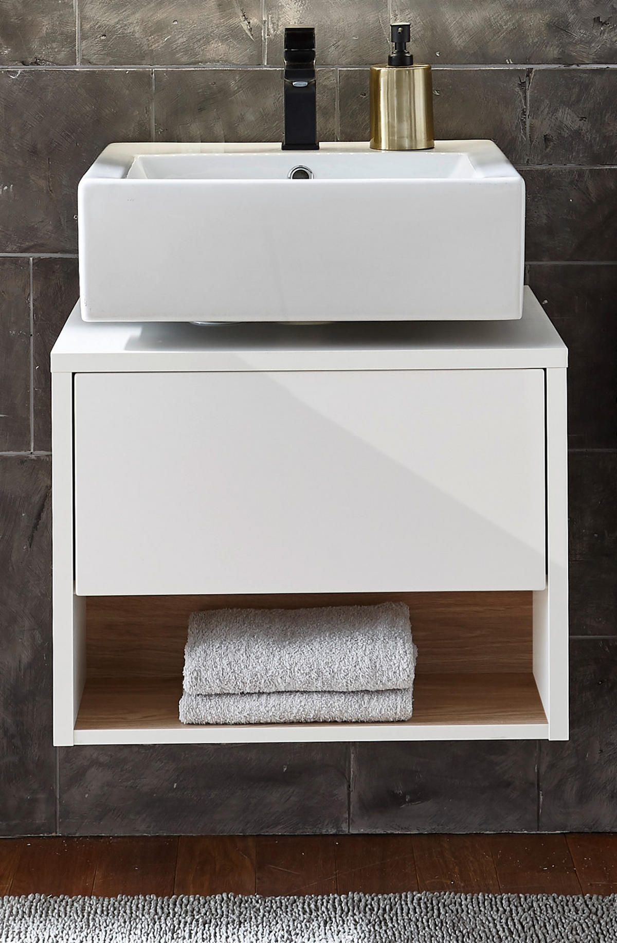 WASCHBECKENUNTERSCHRANK weiß Hochglanz, Eiche 60 cm, Bad Unterschrank mit Push-to-Open - Weiß Hochglanz, Holzwerkstoff (60/44/46cm) - Furn.Design