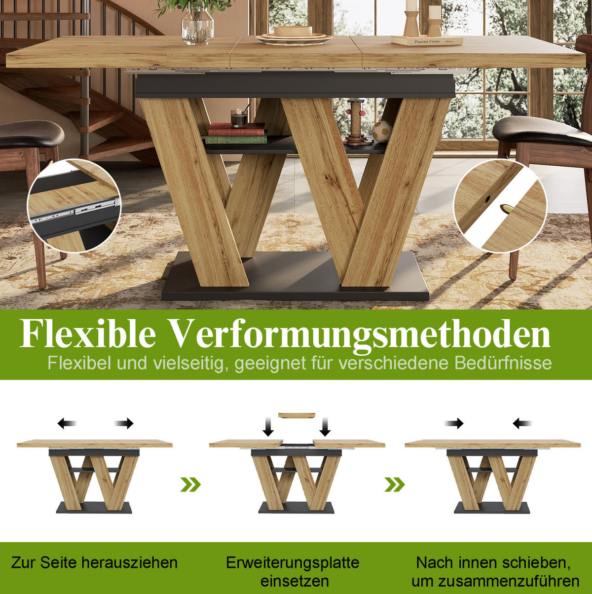 ESSTISCH aus MDF 119-158,5x80x75 cm Schwarz/Natur ausziehbar mit Ablagefach und W-förmigen Beinen - Naturfarben, Holzwerkstoff (158.5/80/75cm) - Modfu