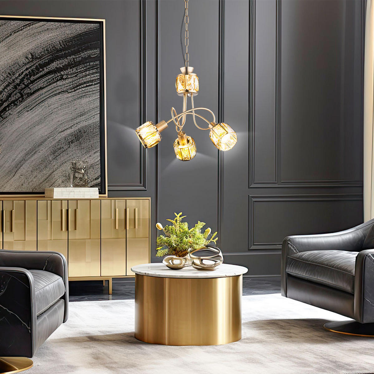 HÄNGELEUCHTE MERO Gold Kristalloptik - Goldfarben, Glas (38/38/130cm) - Globo Lighting