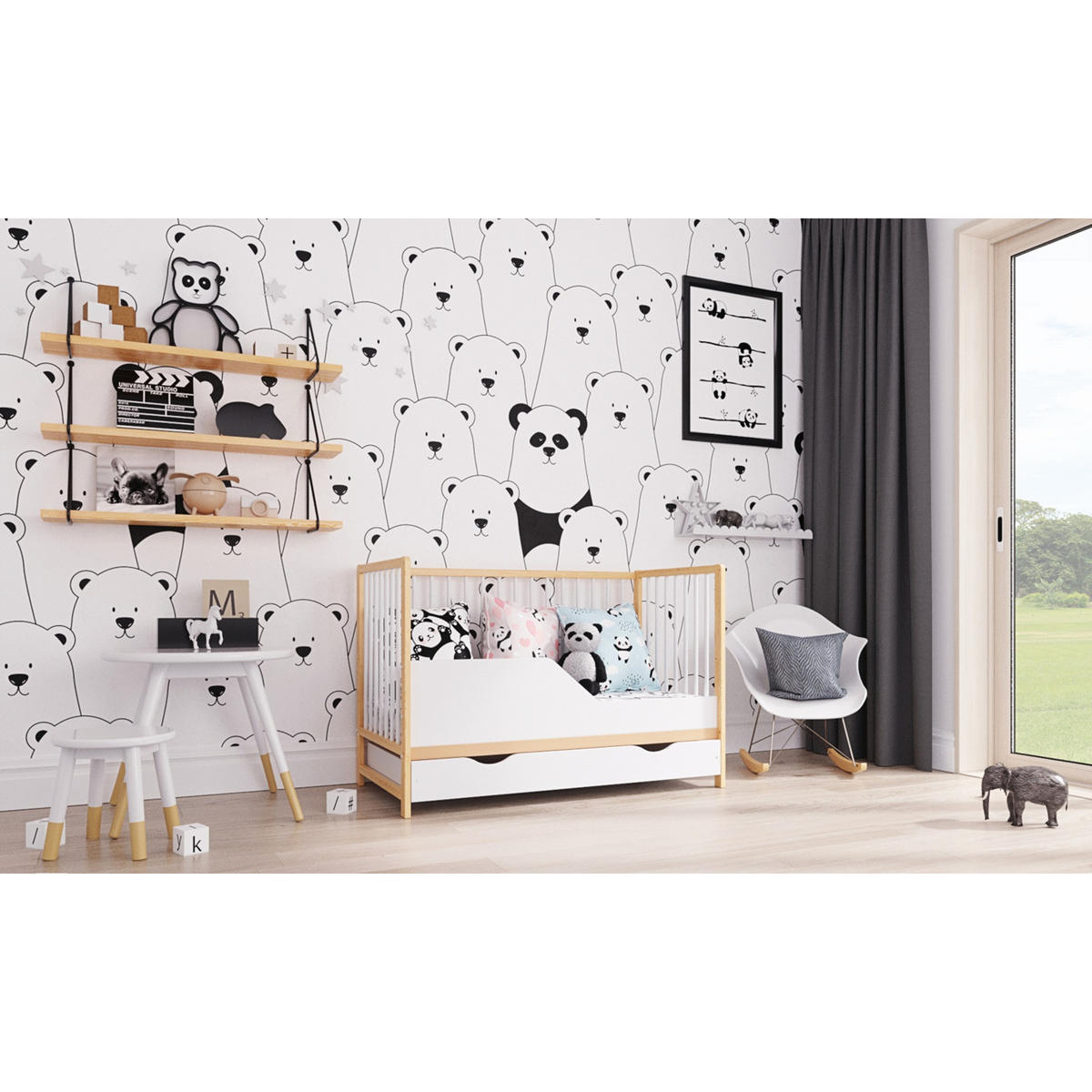 BABYBETT Anna, Mitwachsendes, mit Schublade Weiß und Kiefer - Kieferfarben, Holz (60/120cm) - Premiers Moments