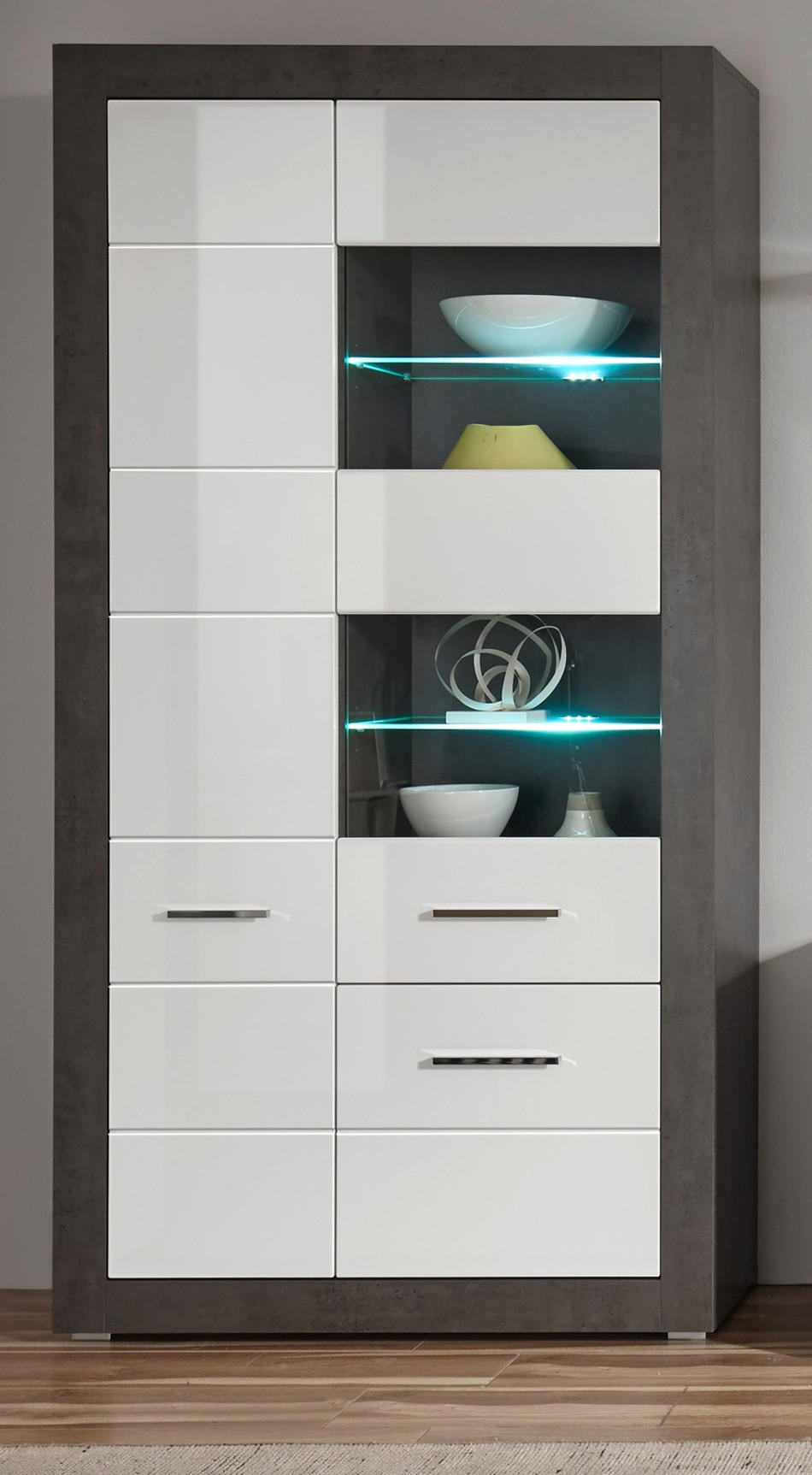VITRINE weiß Hochglanz, grau Stone 100 cm, Vitrinenschrank mit 10 Fächern - Chromfarben/Weiß Hochglanz, Glas/Holzwerkstoff (100/198/35cm) - Furn.Design