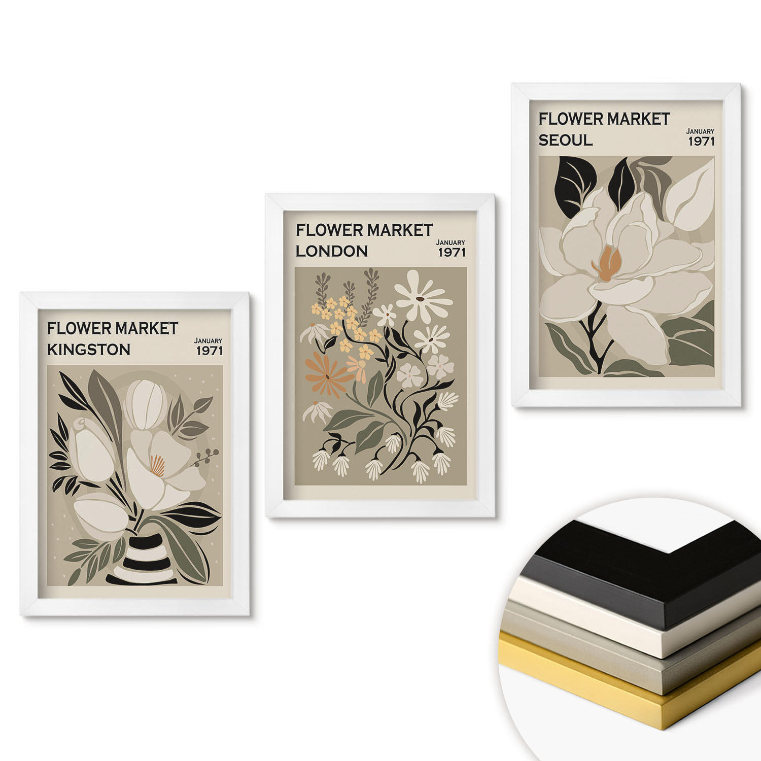 WANDBILDER 3er-Set - 20x30 cm Weißer Rahmen - Retro-Blumen aus Städten rund um die Welt - Weiß, Kunststoff (20/30cm) - ArtPrintCave