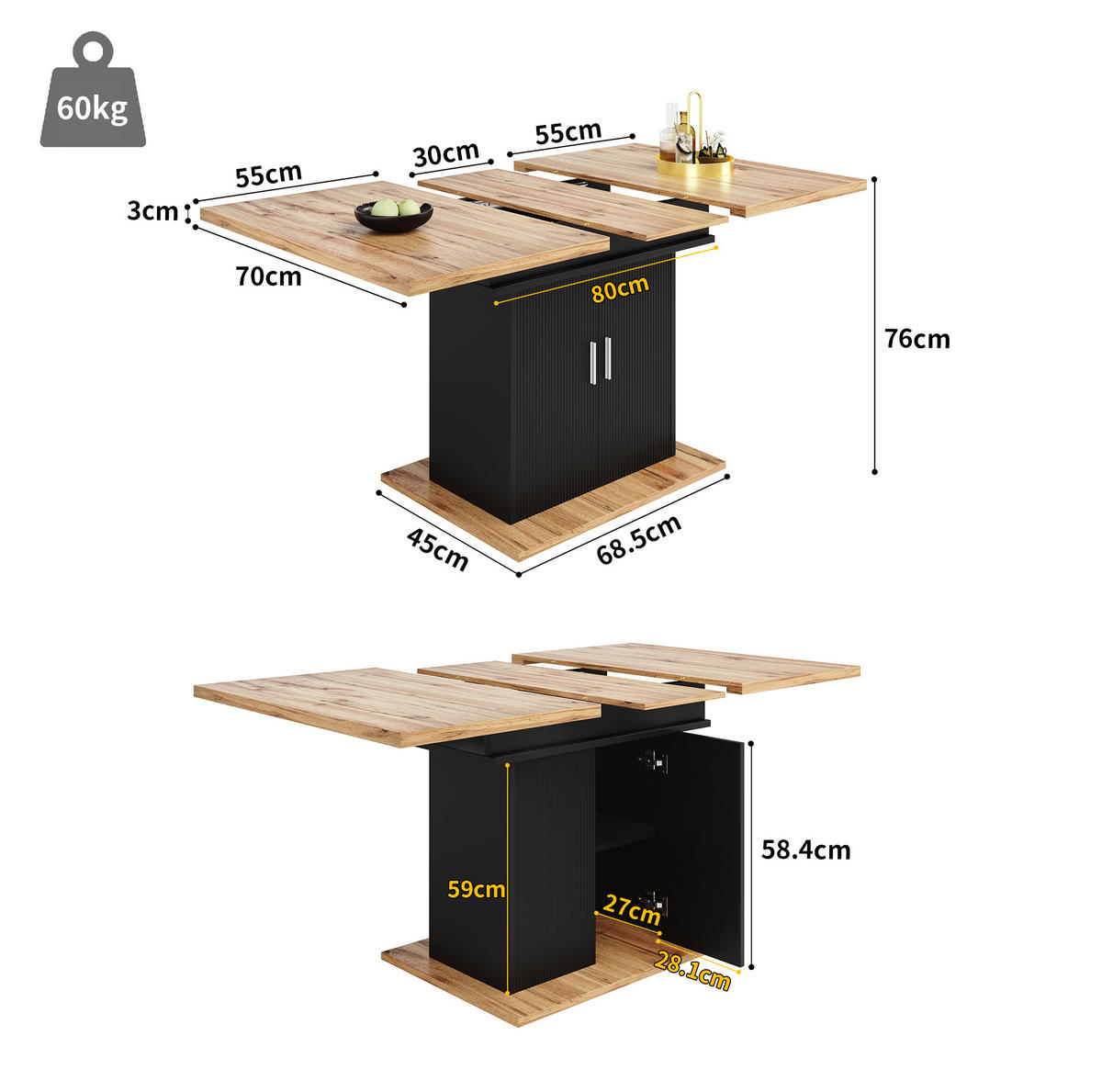 ESSTISCH 110-140x70x76 cm in Schwarz aus MDF mit flexiblem Stauraum ausziehbar - Schwarz, Holzwerkstoff (140/70/76cm) - Modfu