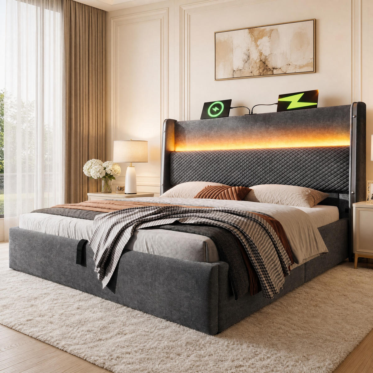 POLSTERBETT 140/200 mit Bettkasten, LED und USB in Grau - Grau, Holzwerkstoff/Textil (140/200cm) - EVRYAE