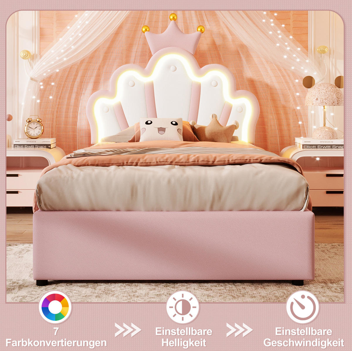 KINDERBETT aus PU 90x200 cm Pink mit LED-Beleuchtung, verstellbarem Kopfteil und hydraulischem Bettkasten - Rosa, Leder (90/200cm) - Modfu