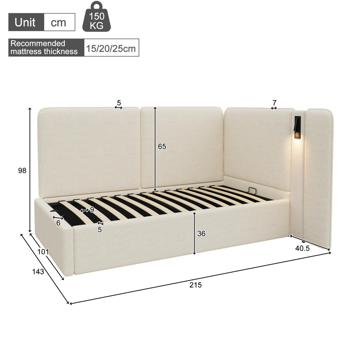 BETT 90/200 cm mit Bettkasten, USB-C-Anschluss und Leselampe, Bouclé Beige - Beige, Textil (90/200cm) - BEAOK