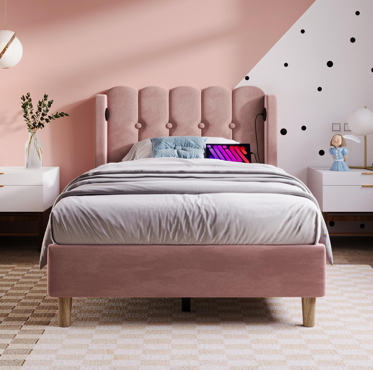POLSTERBETT 90/200 cm in Rosa aus Samt mit USB- und Type-C-Anschlüssen - Rosa, Textil (90/200cm) - Flora Grace