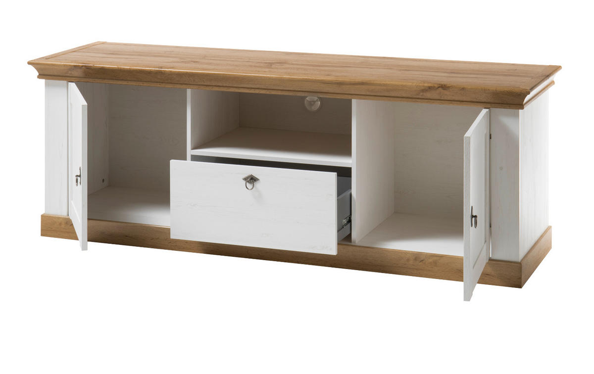 WOHNWAND weiß Pinie, Eiche 4-teilig 387 cm, Wohnkombination, viel Stauraum - Silberfarben/Eiche Wotan, Glas/Holzwerkstoff (387/204/52cm) - Furn.Design