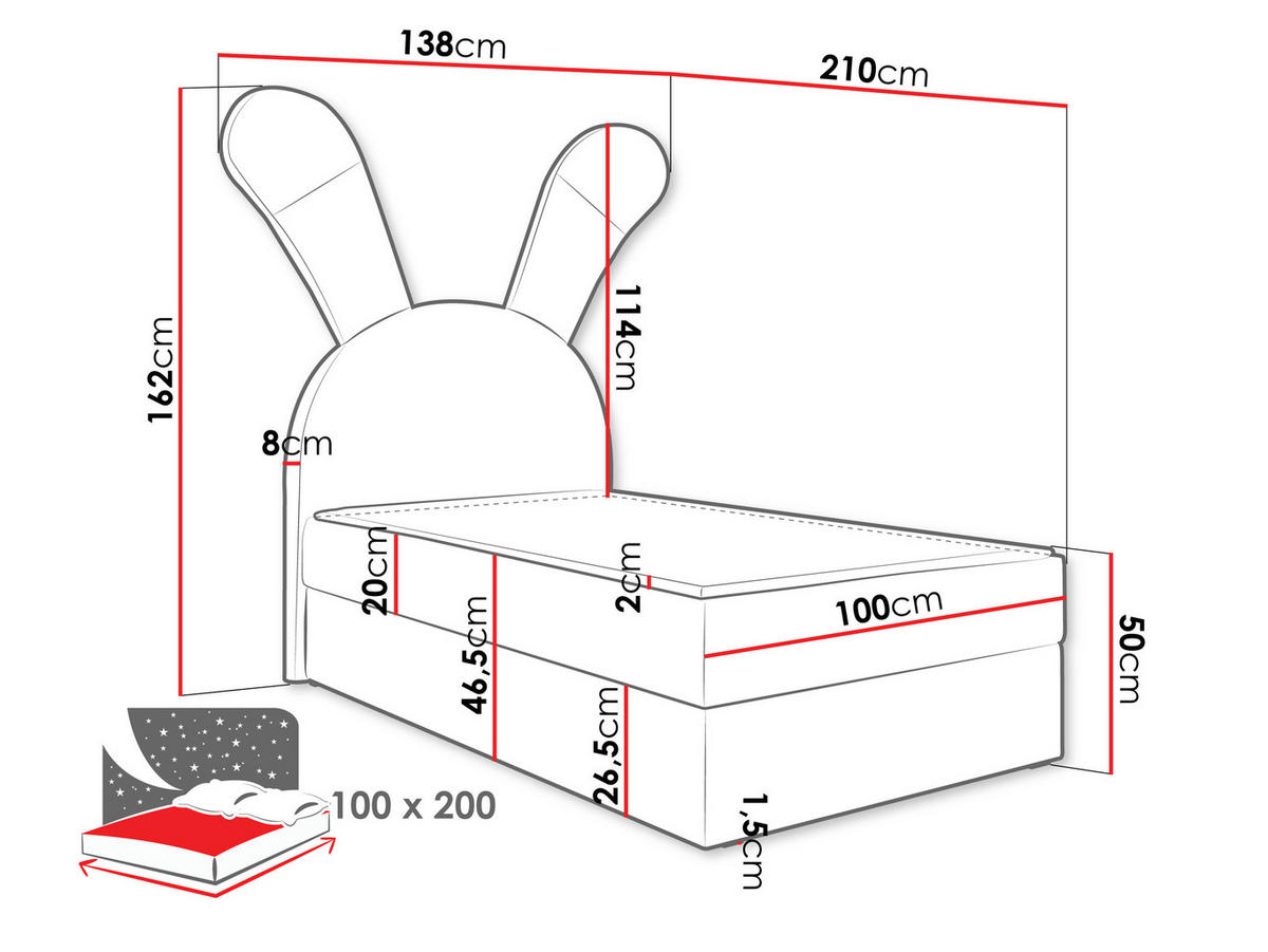 BOXBETT Bunny Light, Seite: Links - Blau/Schwarz, Holz/Textil (100/200cm) - MIRJAN24