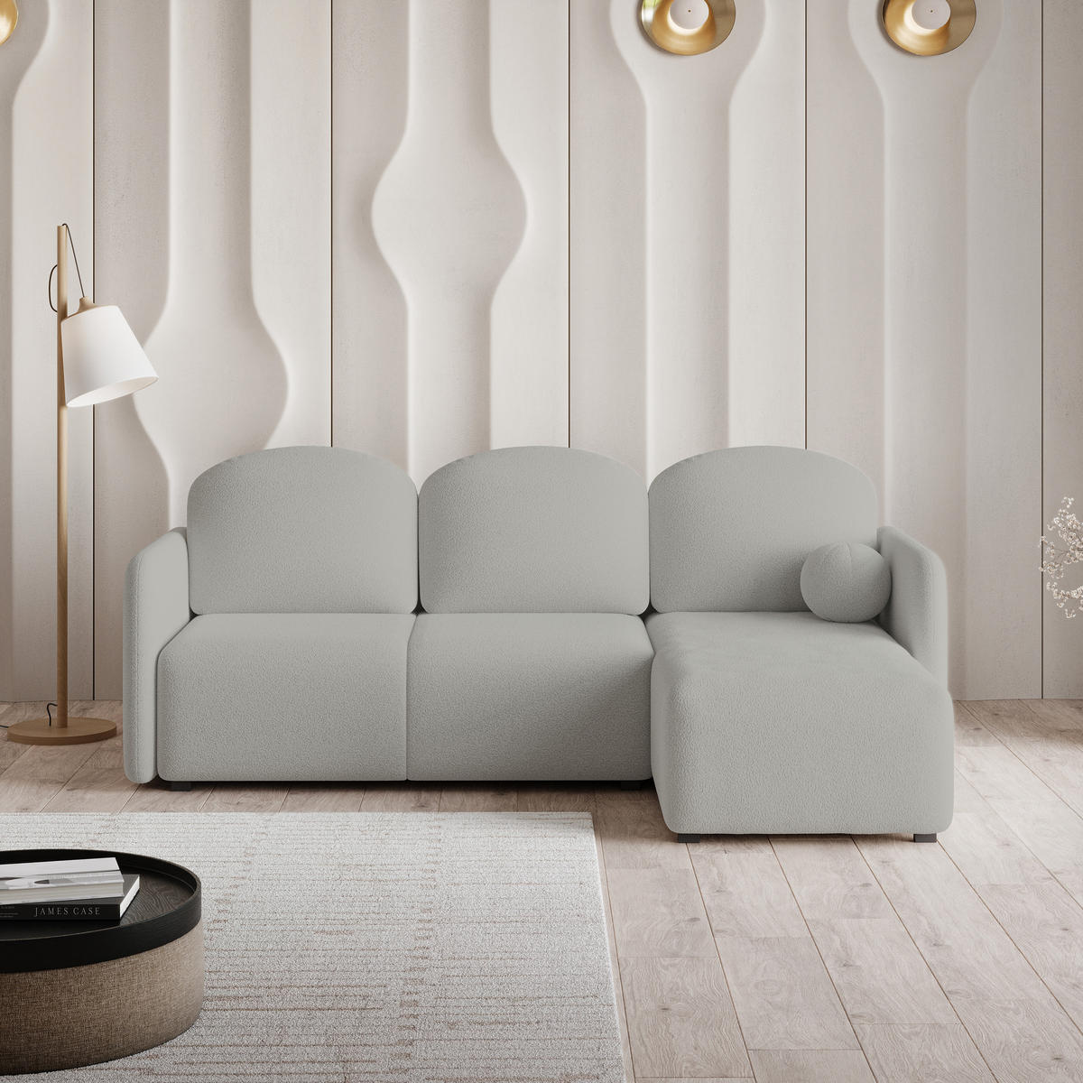 ECKSOFA SUVINO Hellgrau Boucle-Stoff mit Schlaffunktion - Hellgrau, Holz (230/143cm) - MASSENO