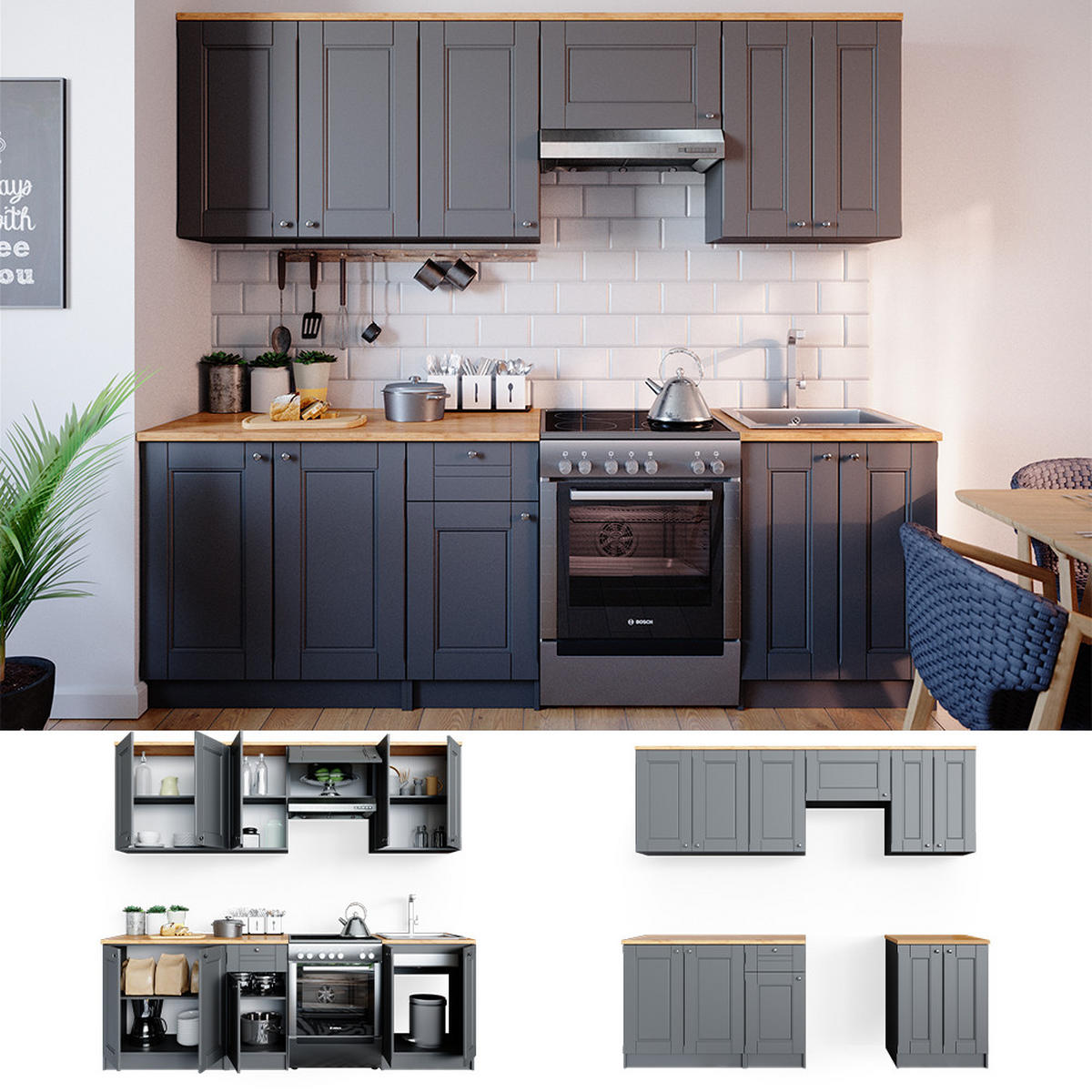 KÜCHENZEILE Bergamo Grau 240 cm, AP Goldkraft - Honigeiche/Braun, Holzwerkstoff (240/81.6/60cm) - Vicco