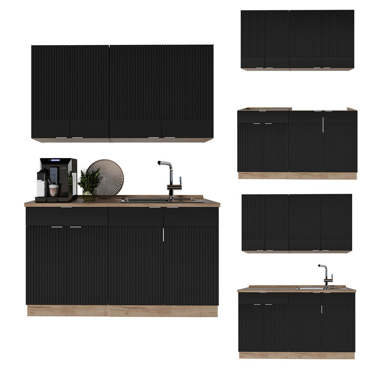 SINGLEKÜCHE Fame-Line, Schwarz gestreift/Goldkraft Eiche, 140 cm ohne Arbeitsplatte - Honigeiche/Schwarz, Holzwerkstoff (140/81.6/46cm) - Vicco