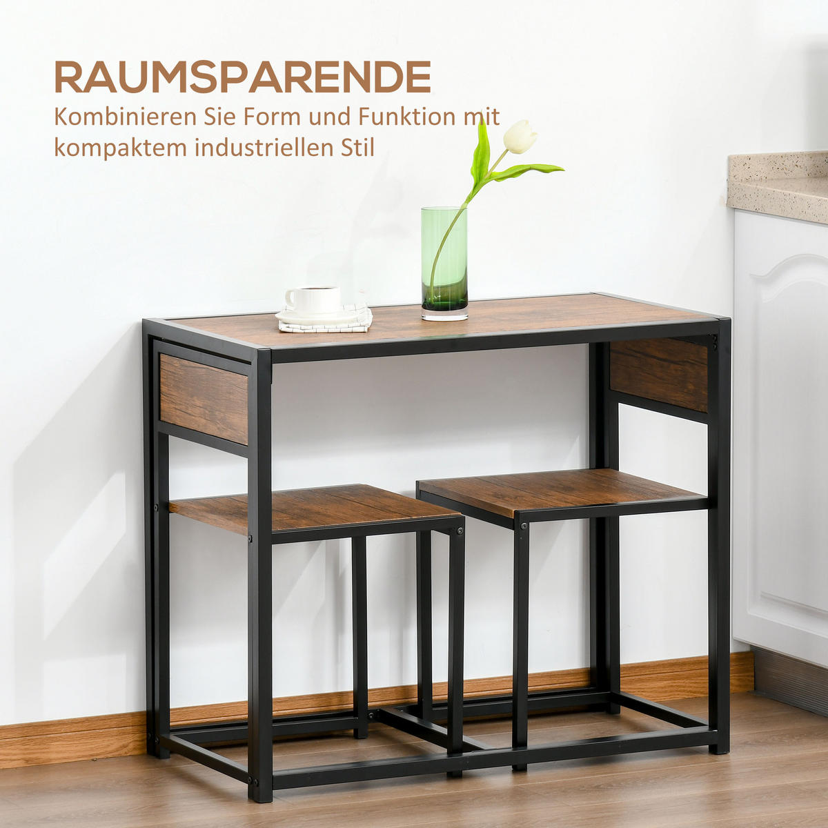 3-TLG. Essgruppe, Küchentisch, Esstisch mit 2 Stühlen, Esstisch Set für Küche - Naturfarben, Kunststoff (47/76/90cm) - HOMCOM