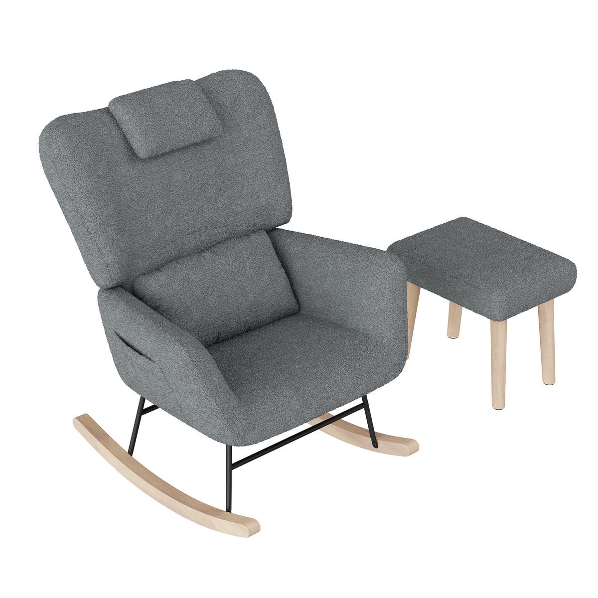 SCHAUKELSTUHL mit Hocker, Grau ,Lendenkissen, Kopfstütze, Seitentaschen und Massivholzsockel, Lammwolle Stoff-für Wohnzimmer, Schlafzimmer - Grau, Holz/Metall (75/42/93cm) - BursDany