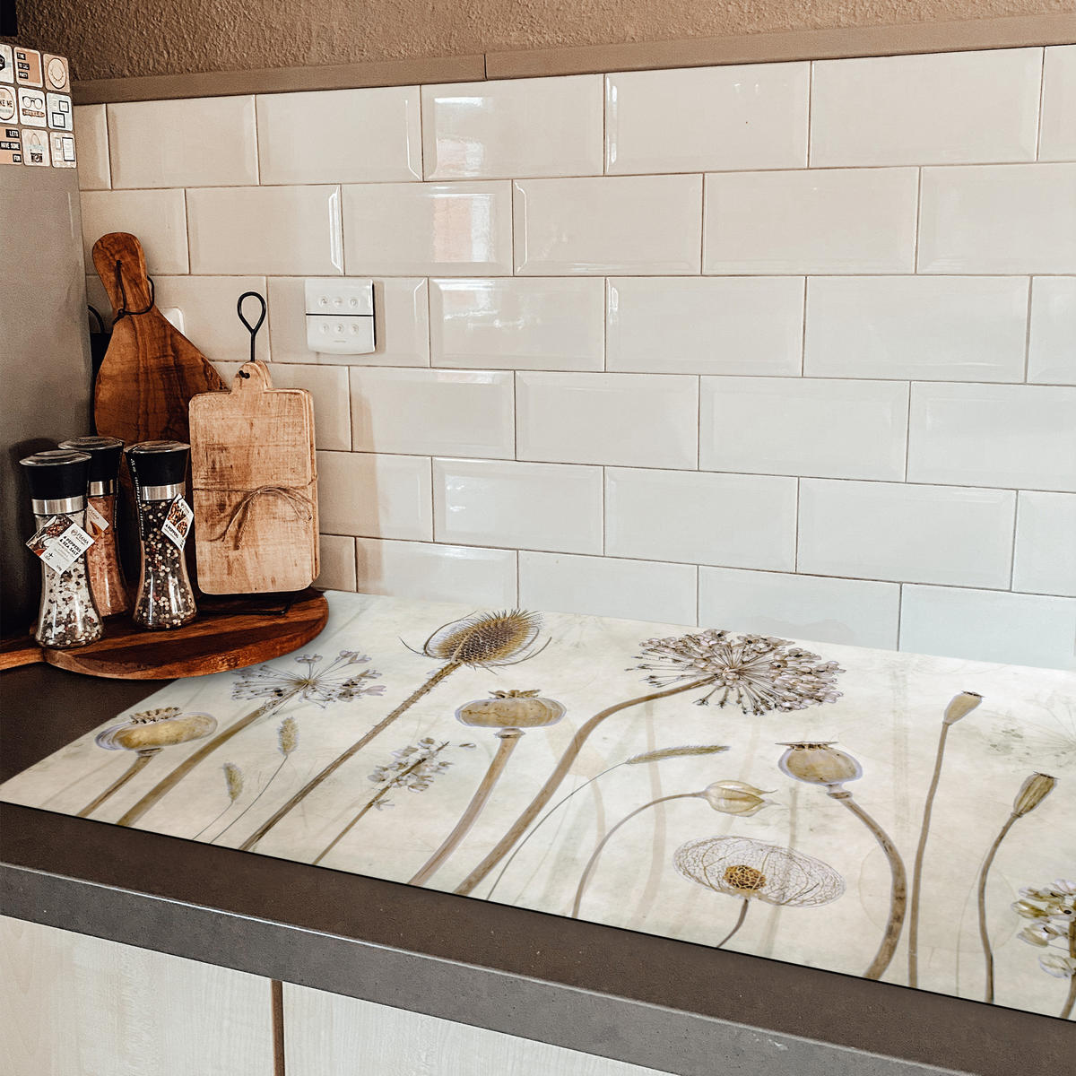 HERDABDECKPLATTE Blumen - Aquarell - Stilleben - Braun - Vintage 91x52 cm - Sandfarben, Kunststoff (91.2/52/0.2cm) - MuchoWow