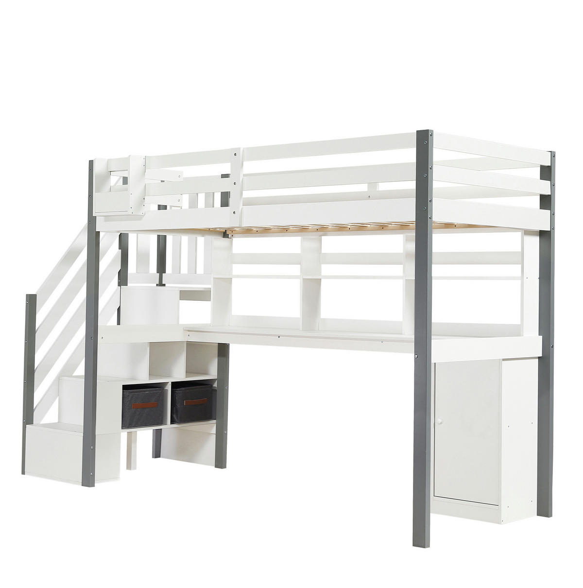 HALBHOCHBETT aus Kiefernholz und MDF 90x200 cm Weiß/Grau mit Schreibtisch und Stauraumtreppe - Weiß, Holz (90/200cm) - IVMEU